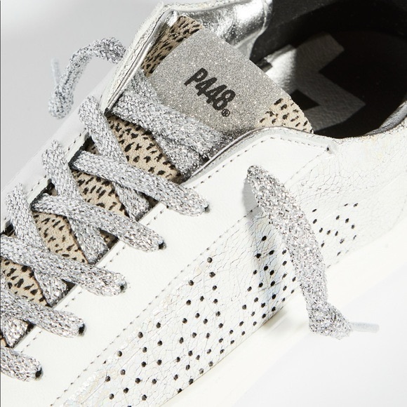 NEW P448 John Low Top Cheetah Print Textured Leather Sneakers in Metallic Silver - Picture 3 of 8